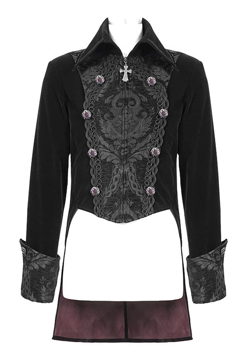 Black Court Pattern Lapel Collar Velvet Mens Gothic Coat
