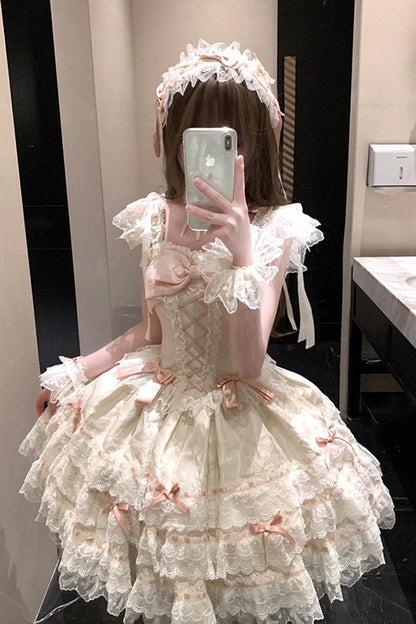 Apricot [Flora Isle Butterfly] Sleeveless Ruffle Bowknot Lace Lace-Up Sweet Elegant Lolita Jsk Dress