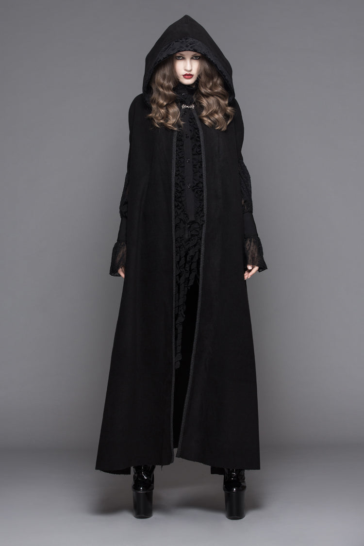 Black Detachable Feather 3D Ribbons Decorated Woollen Hooded Women's Gothic Cape