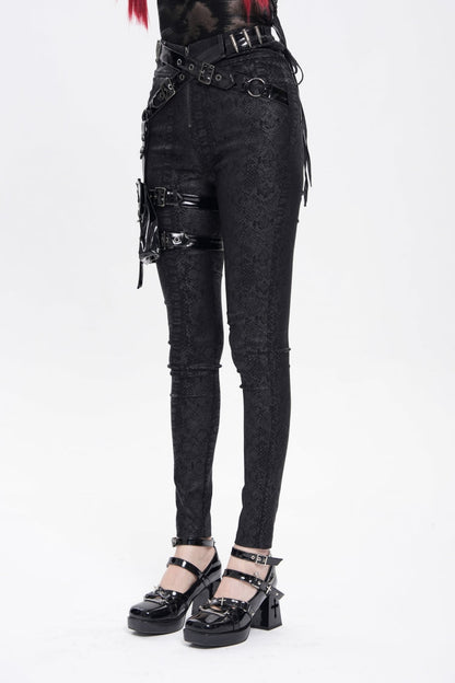 Black Print Buckle Straps Women's Punk Pants with Leg Bag