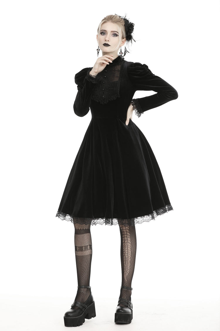 Black Lace Long Puff Sleeves Women's Gothic Velet Dress