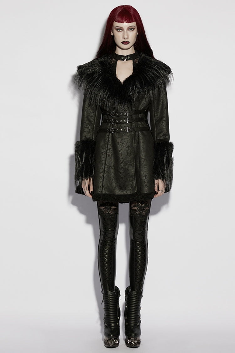 Black Plush Lapel Collar Long Sleeves Buckle Straps Women's Gothic Coat