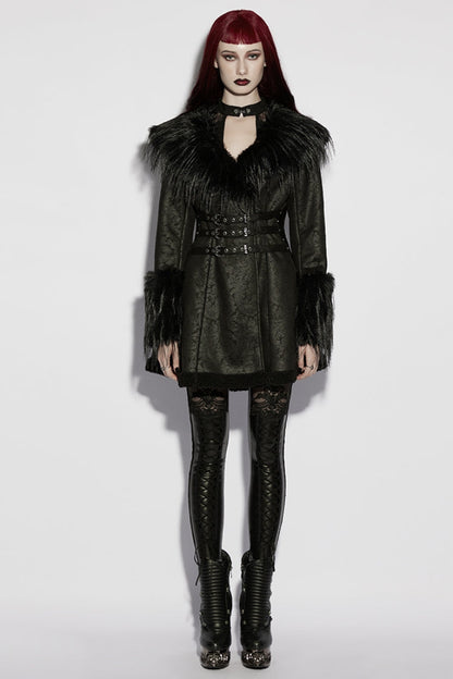 Black Plush Lapel Collar Long Sleeves Buckle Straps Women's Gothic Coat