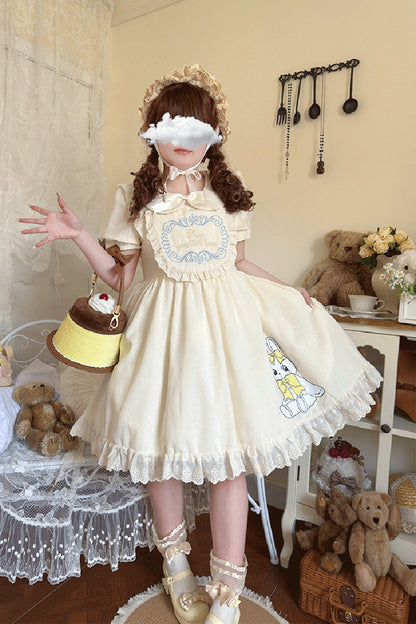 Apricot [Sweet Dream Bunny] Doll Collar Short Sleeves Ruffle Embroidery Bowknot Sweet Plus Size Lolita Dress
