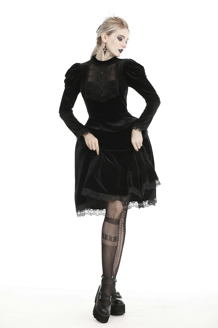 Black Lace Long Puff Sleeves Women's Gothic Velet Dress