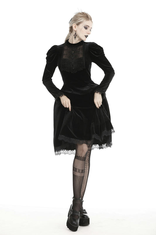 Black Lace Long Puff Sleeves Women's Gothic Velet Dress