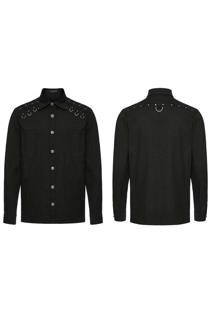 Black Lapel Collar Long Sleeves Rings Men's Punk Blouse