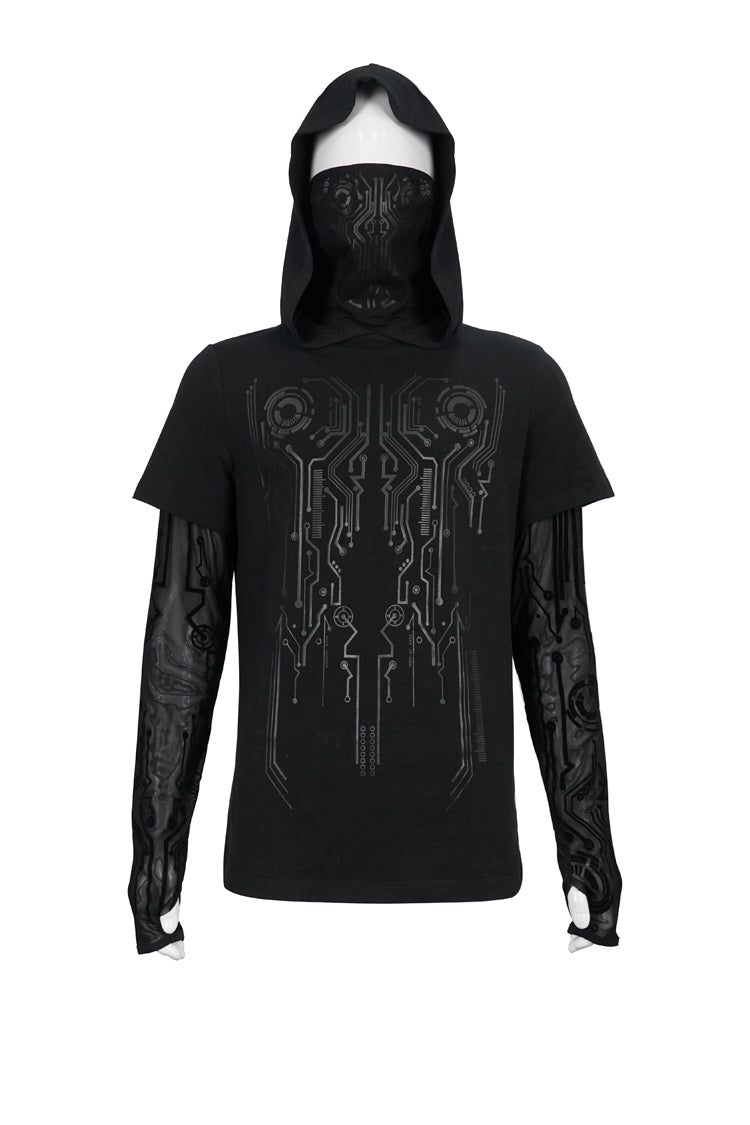 Black Paneled Mesh Long Sleeve Super High Collar Masked Circuit Diagram Printed Hooded Knitted Men's Punk T-Shirt