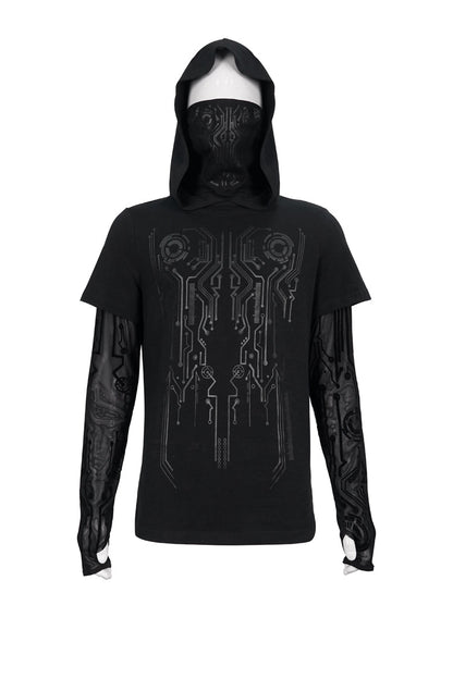 Black Paneled Mesh Long Sleeve Super High Collar Masked Circuit Diagram Printed Hooded Knitted Men's Punk T-Shirt