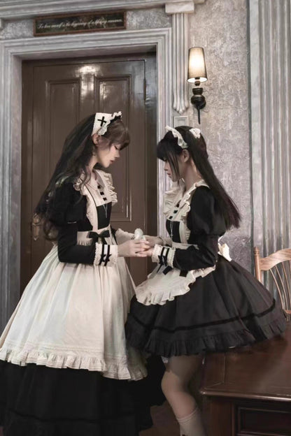 Black Maid Lapel Collar Short Sleeves Ruffle Sweet Classic Lolita Dress (Short or Long Version)