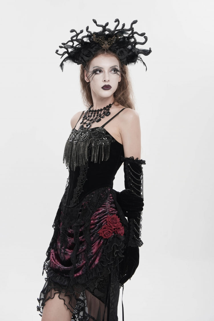 Black Lace-Up Women's Gothic Embroidered Tassels  Overbust Corset