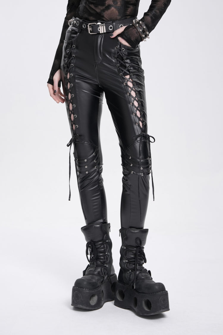 Black Lace-Up Ripped Rivet Women's Punk Pants