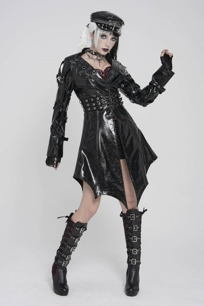 Black Lapel Collar Long Sleeves Lace-Up Irregular Eyelets & Rings Women's Punk Coat