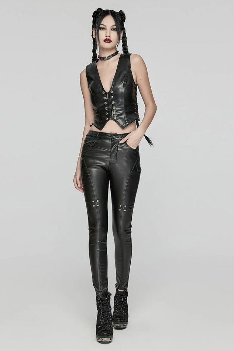 Black Faux Leather V Collar Sleeveless Lace-Up Zipper Women's Punk Vest
