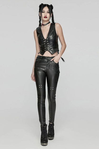 Black Faux Leather V Collar Sleeveless Lace-Up Zipper Women's Punk Vest