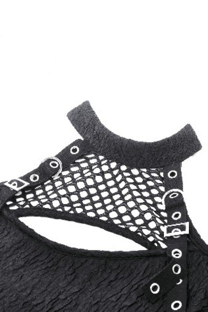 Black Off Shoulder Long Sleeves Cut-Out Spliced Mesh Women's Punk Top