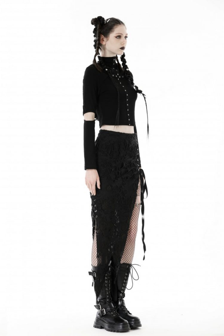 Black Metal Cross Eyelet Long Sleeves Cut-Out Women's Punk Crop Top with Ripped Hood