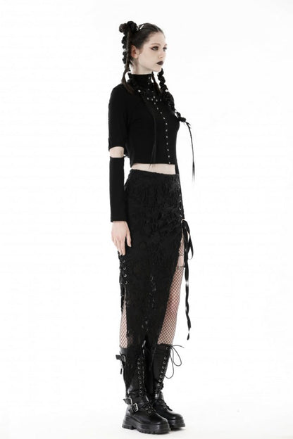 Black Metal Cross Eyelet Long Sleeves Cut-Out Women's Punk Crop Top with Ripped Hood