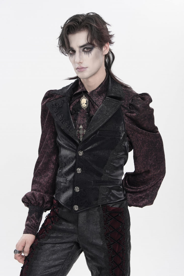 Black Lapel Collar Jacquard Lace Slim Men's Gothic Vest