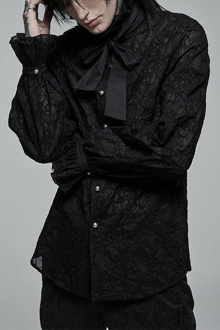 Black Gothic Long Sleeve Mesh Texture Fabric Lace Pleated Ruffle Tie Design Men's Shirt