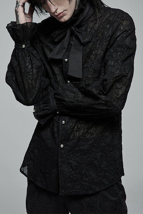 Black Gothic Long Sleeve Mesh Texture Fabric Lace Pleated Ruffle Tie Design Men's Shirt