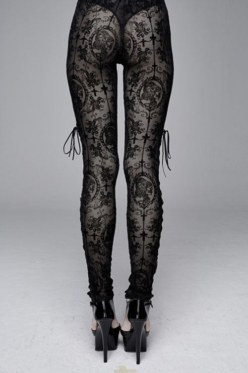 Black Flocking Printing Sexy Elastic Waistband Mesh Gothic Womens Pants