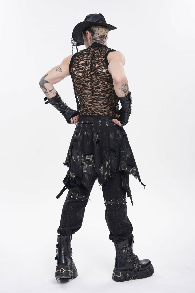 Black Irregular Ripped Buckled Pleated Chain-Decorated Men's Punk Skirt