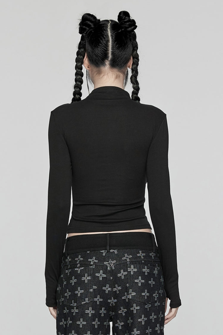 Black Long Sleeves Stitching Lace-Up Mesh Women's Punk Blouse