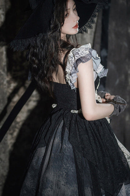 Black Letters And Poems Lace Sleeveless Printed Irregular Gothic Lolita Dress