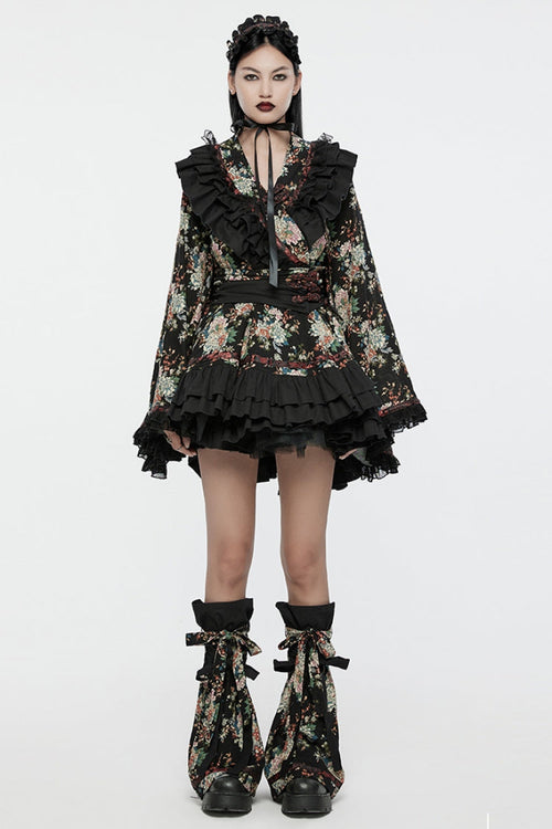 Black Long Sleeves Floral Print Ruffle Women's Gothic Lolita Kimono Dress Set