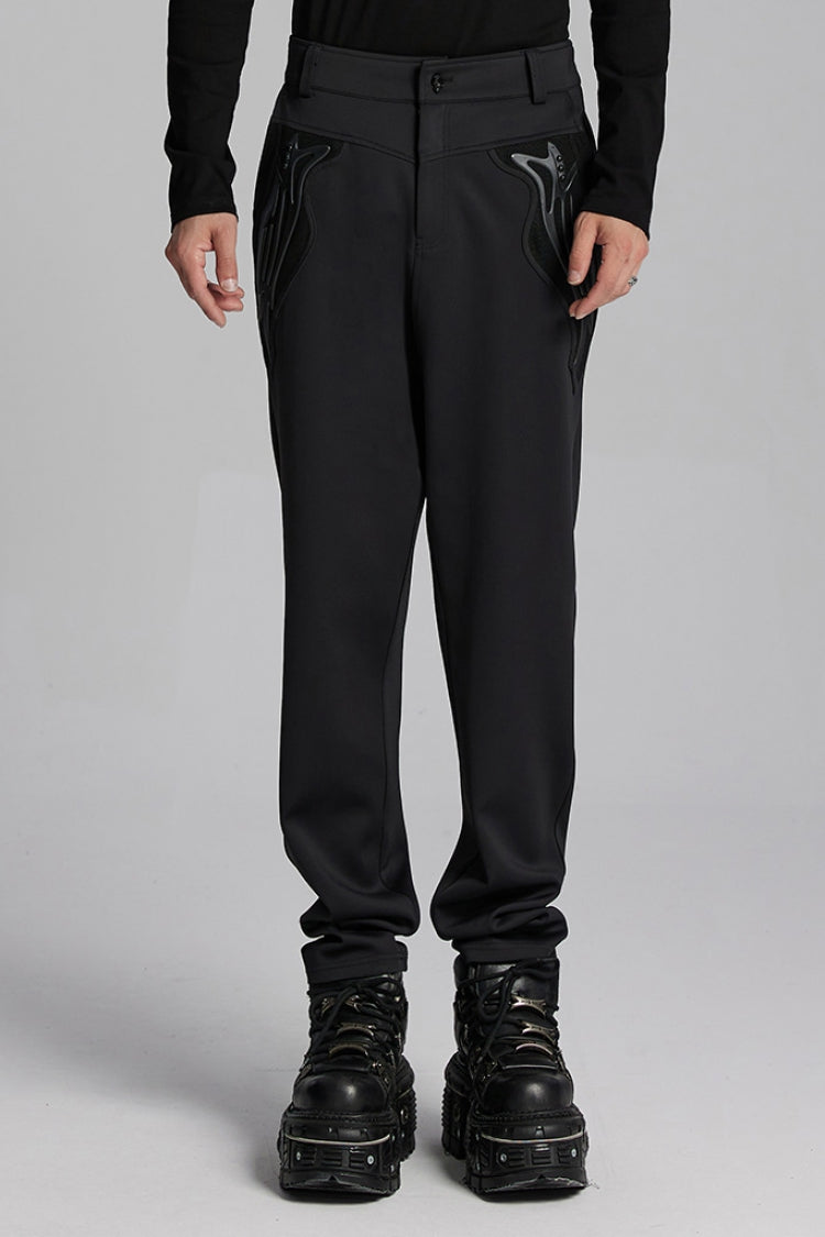 Black Leather Trim Stitching Rivet Men's Punk Pants