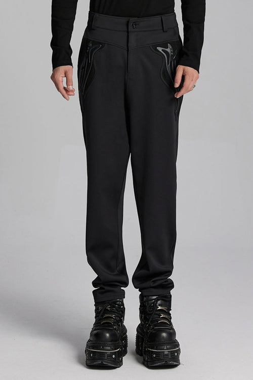 Black Leather Trim Stitching Rivet Men's Punk Pants