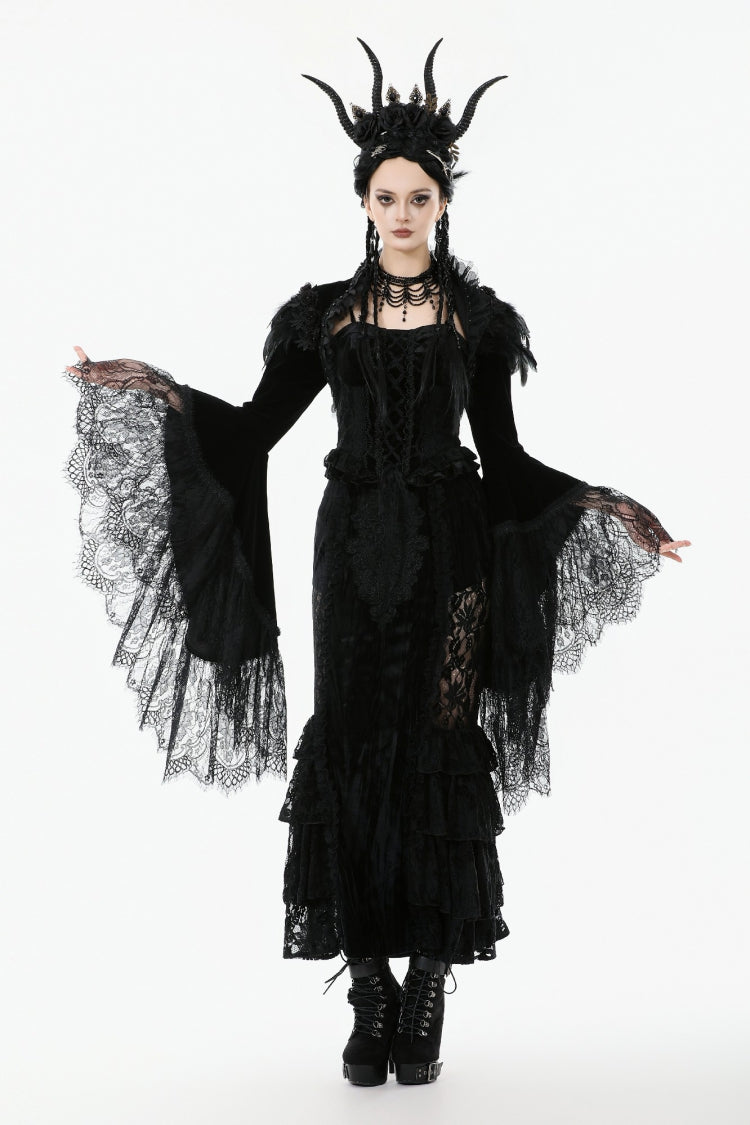 Black Lace Spliced Velvet Long Flared Sleeves Floral Feather Women's Gothic Cape