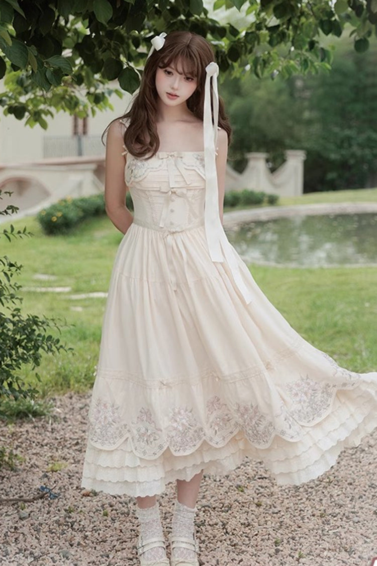 Apricot [Fantasy Butterfly] Triple-Layered Ruffle Embroidery Bowknot Lace Sweet Princess Lolita Jsk Dress