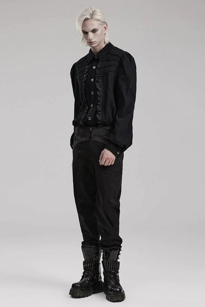 Black Hand-Stitched Button Pleated Long Puff Sleeves Ruffle Mens Gothic Blouse