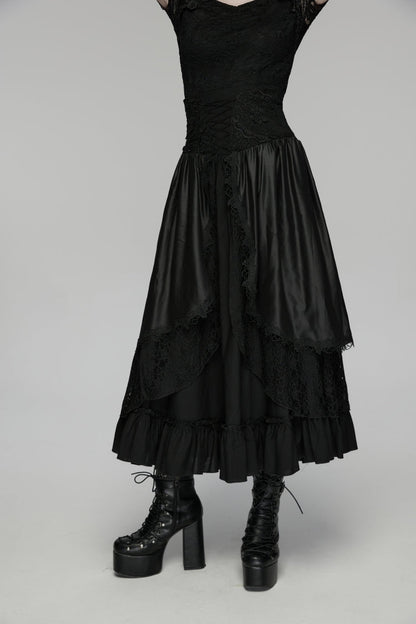 Black High Waisted Multi-Layered Floral Embroidered Lace Pleated Women's Gothic Elegant Cosplay Skirt