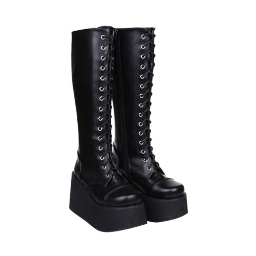 Black Concise Lace Up Sweet Lolita High Boots
