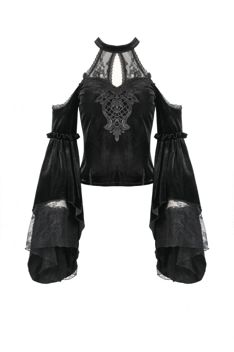 Black Off Shoulder Halterneck Long Trumpet Sleeves Cut-Out Lace Spliced Velvet Gothic Palace Top
