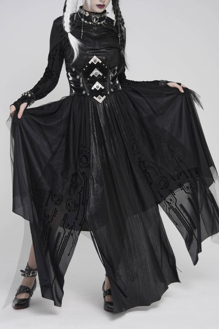 Black Multi-Layered Lace-Up Slim Irregular Asymmetric Eyelet Women's Gothic Long  Skirt