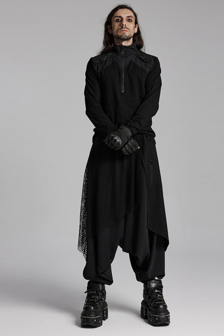 Black Mesh Asymmetric Zipper Men's Punk Pants