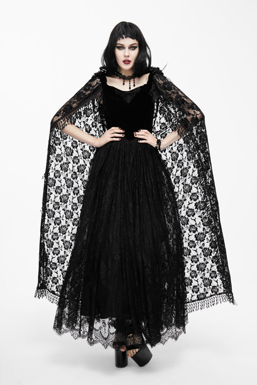 Black Feather And Flowers Off Collar Sexy Long Velvet Womens Gothic Dress With Lace Shawl