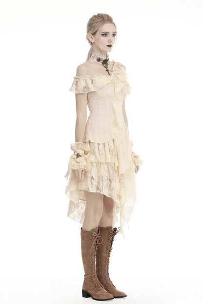 Beige Irregular Multi-Layered Ruffled Lace Women's Steampunk Vintage Dress