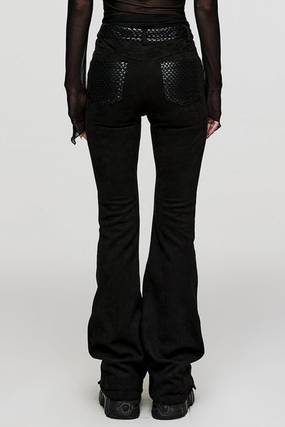 Black Metal Eyelets Faux Leather Stitching Mesh Women's Steampunk Pants