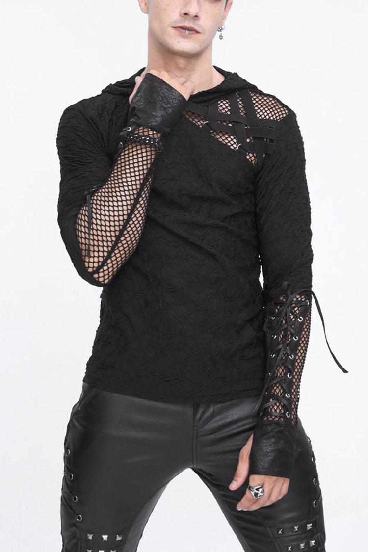 Black Lace Up Mesh Splice Long Sleeve Men's Punk Hoodies