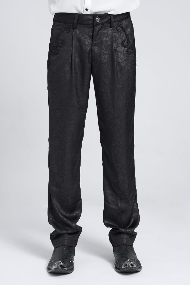 Black Floral Print Embroidery Men's Gothic Suit Pants