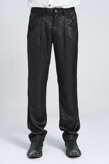 Black Floral Print Embroidery Men's Gothic Suit Pants