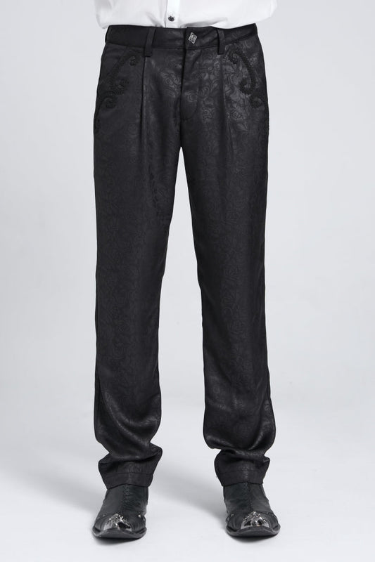 Black Floral Print Embroidery Men's Gothic Suit Pants