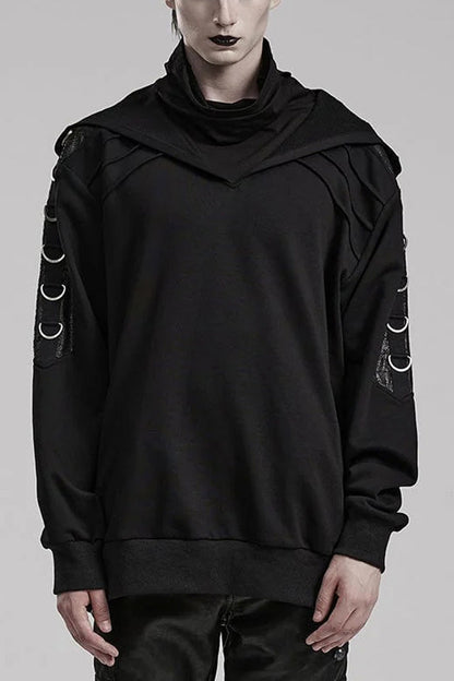 Black High Collar Long Sleeves Stitching Hooded Mens Steampunk Jacket