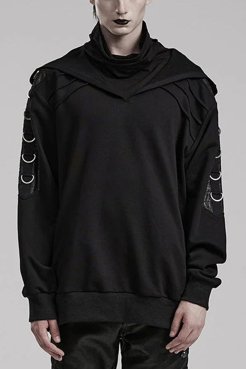 Black High Collar Long Sleeves Stitching Hooded Mens Steampunk Jacket