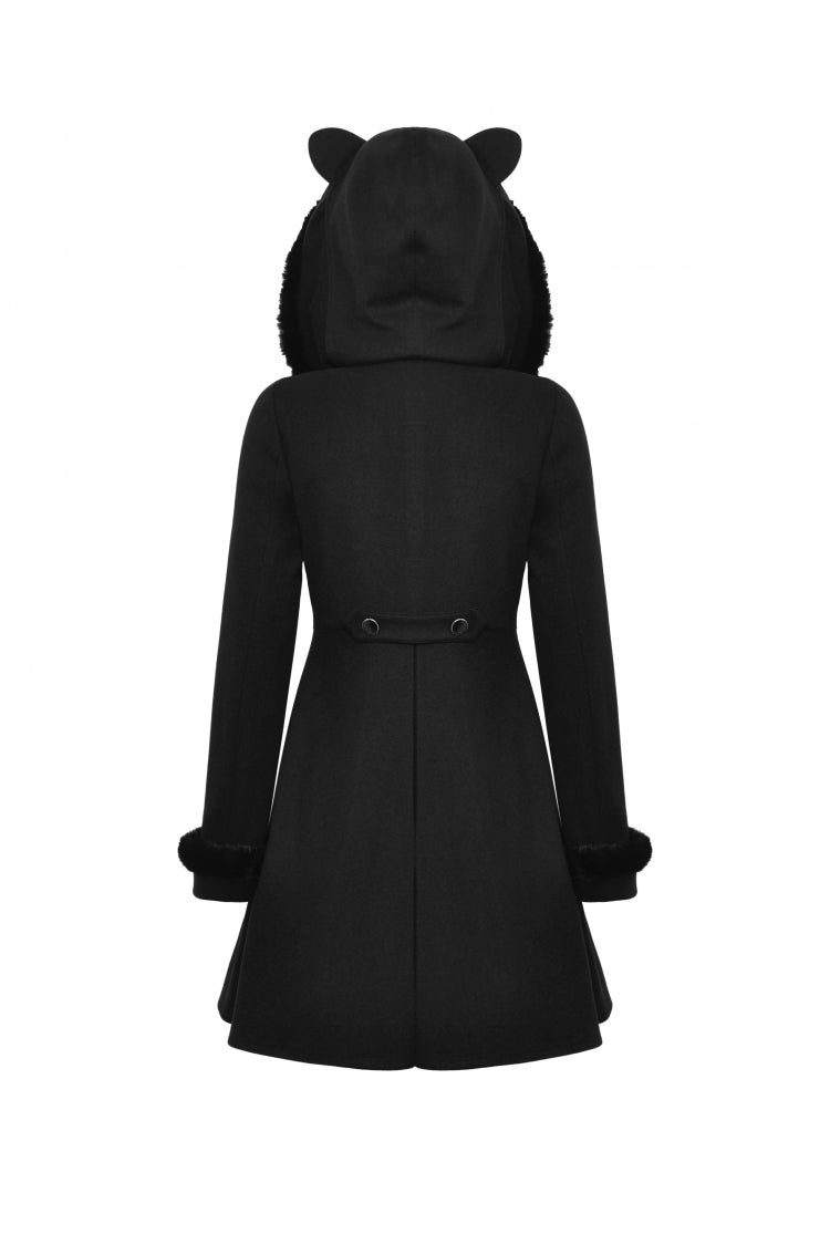 Black Long Sleeves Crescent Moon Bow Spliced Double-breasted Women's Gothic Coat with Cat Ear Hood
